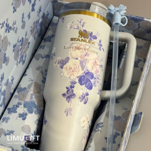 0282 تامبلر استنلی اورجینال گلدار آبی جعبه کادویی-Stanley