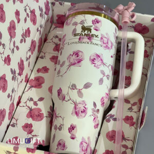 0286 تامبلر استنلی اورجینال گلدار سفید صورتی جعبه کادویی-Stanley