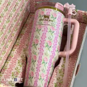 0284 تامبلر استنلی اورجینال گلدار صورتی جعبه کادویی-Stanley